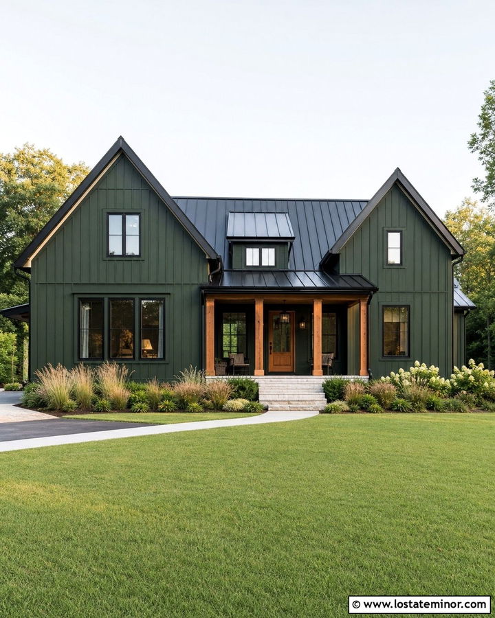 Hunter Green Board And Batten With A Black Metal Roof - 30 Hunter Green House Design With Board and Batten Ideas