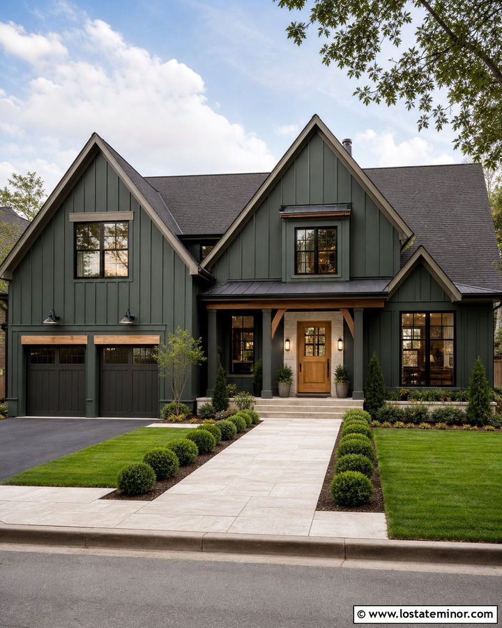 Hunter Green Board And Batten With A Wood Front Door - 30 Hunter Green House Design With Board and Batten Ideas