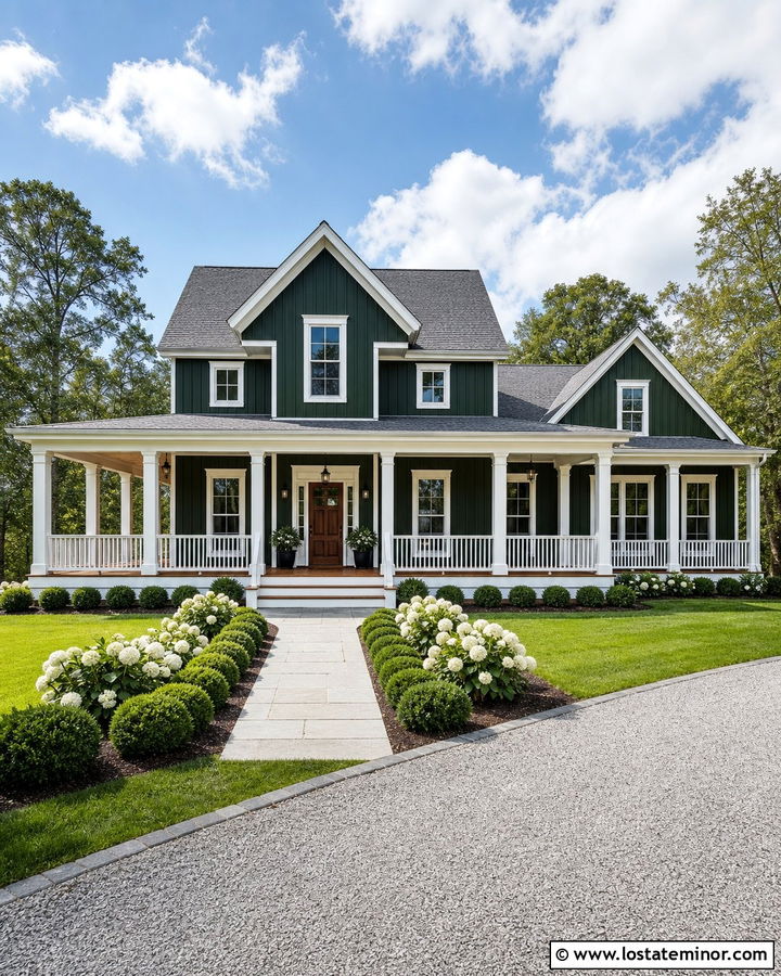 Hunter Green Board And Batten With A Wraparound Porch - 30 Hunter Green House Design With Board and Batten Ideas