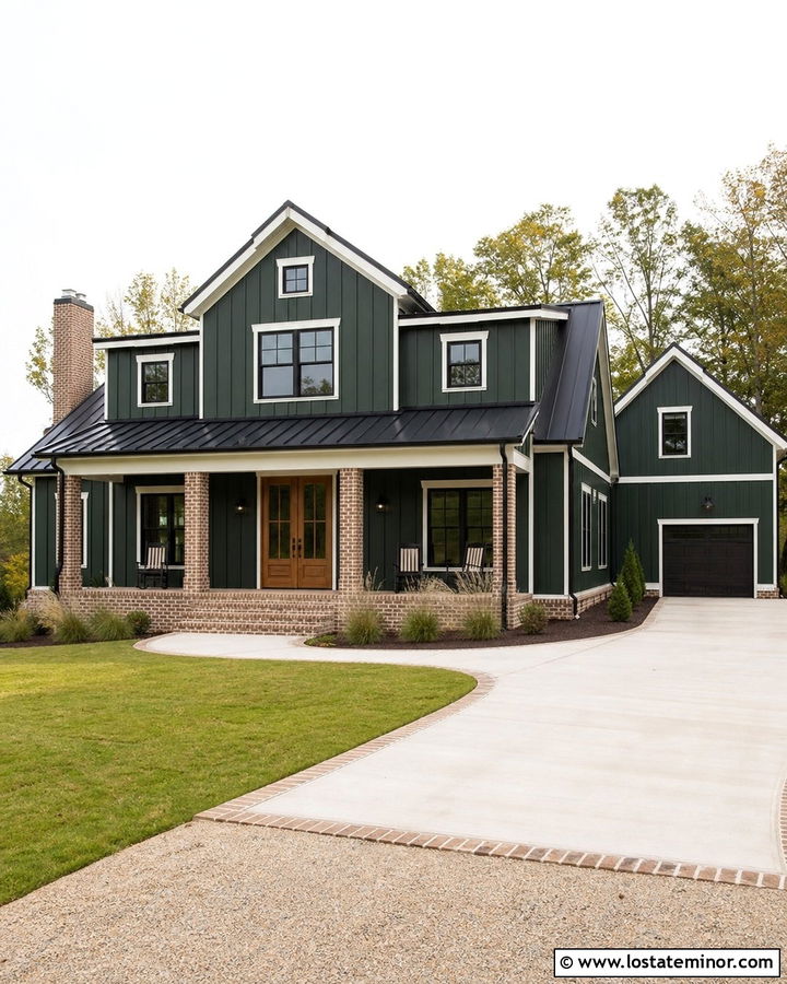 Hunter Green Board And Batten With Brick - 30 Hunter Green House Design With Brick Accents Ideas