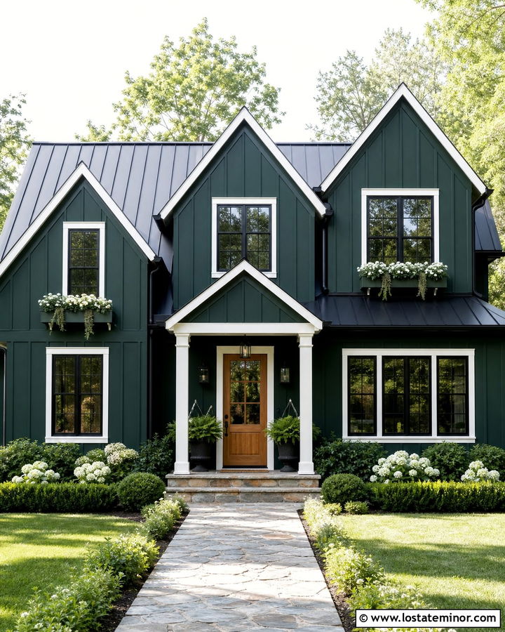 Hunter Green Board And Batten With Matching Window Boxes - 30 Hunter Green House Design With Window Boxes Ideas