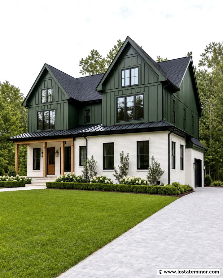 Hunter Green Board And Batten With White Brick - 30 Hunter Green House Design With Board and Batten Ideas