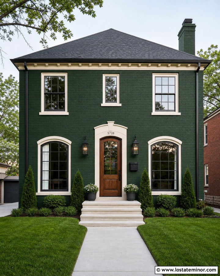 Hunter Green Brick House With Black Wall Lanterns - 30 Hunter Green House Design With Light Fixtures Ideas