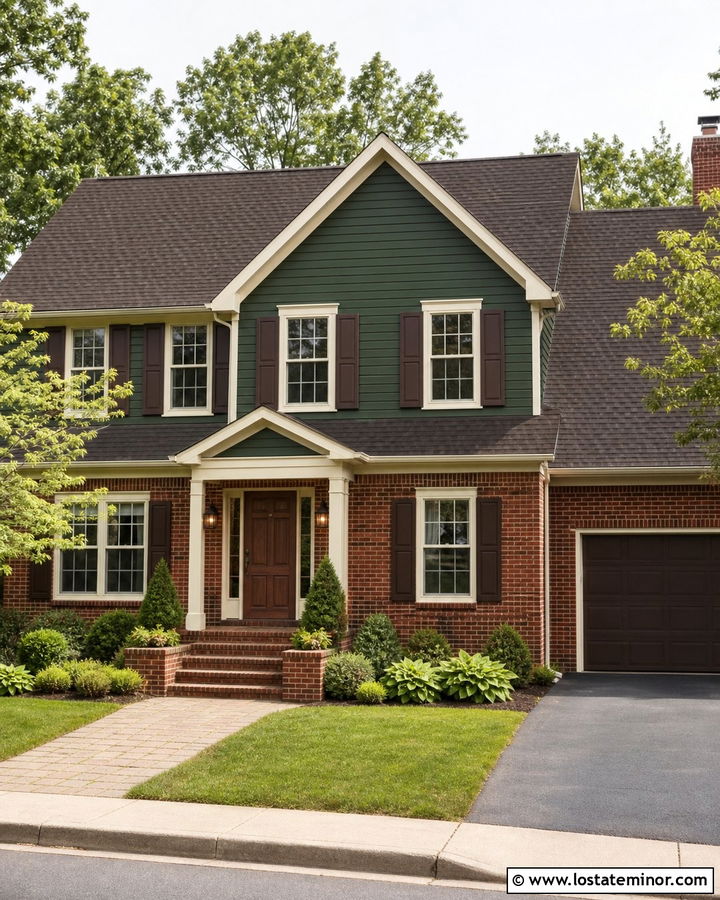 Hunter Green Brick House With Dark Brown Shutters - 30 Hunter Green House Design With Shutters Ideas