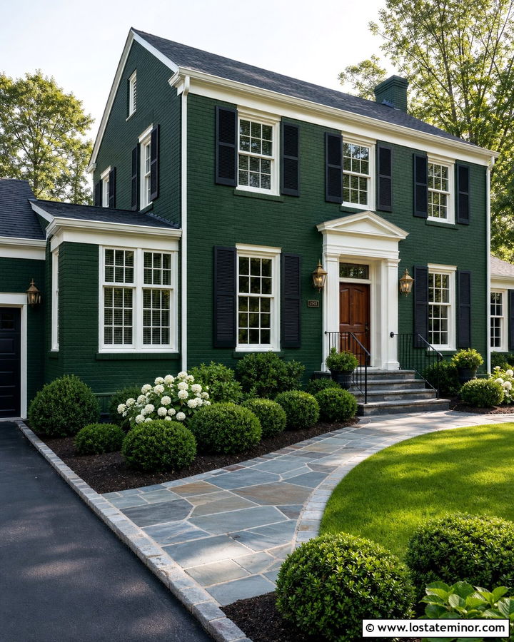 Hunter Green Brick House With Slate Walkway - 30 Hunter Green House Design With Walkway Ideas