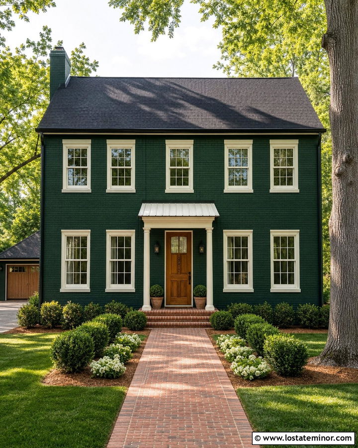 Hunter Green Brick House With White Door Awning - 30 Hunter Green House Design With Awning Ideas