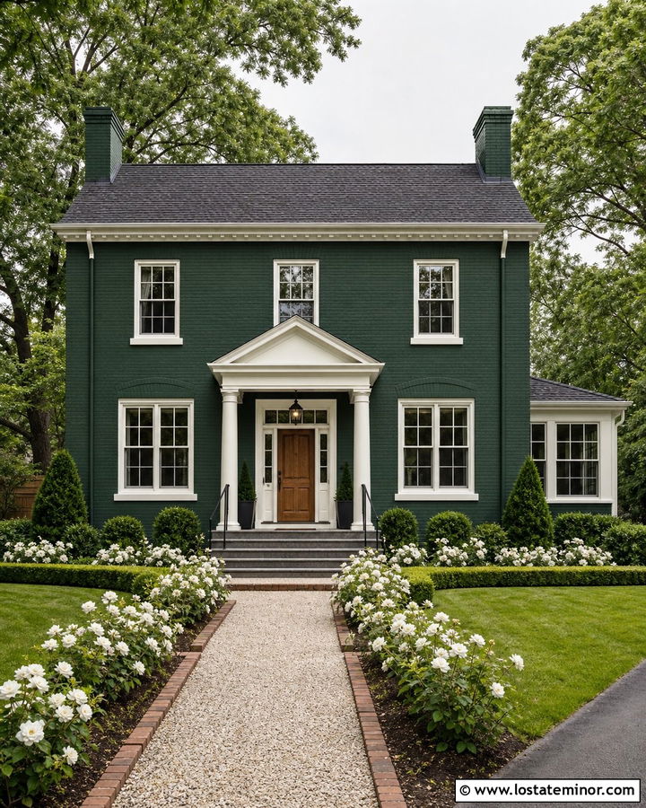 Hunter Green Brick House With White Roses - 30 Hunter Green House Design With Front Yard Ideas