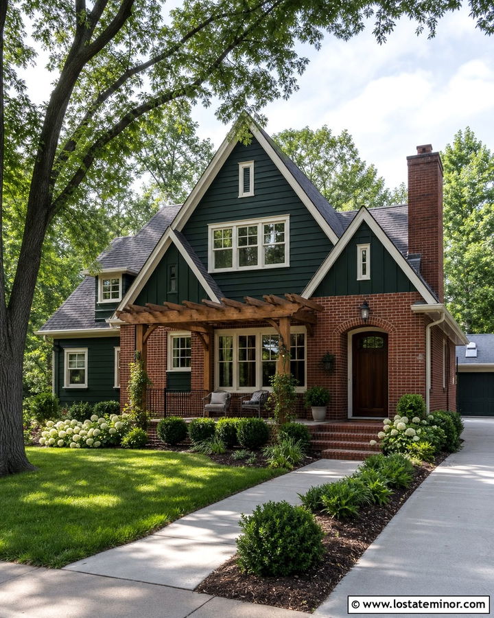 Hunter Green Brick House With Wood Pergola - 30 Hunter Green House Design With Pergola Ideas