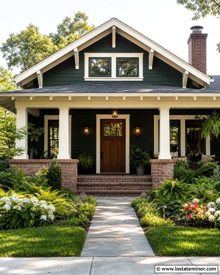 Hunter Green Bungalow With Amber Glass Sconces - 30 Hunter Green House Design With Lighting Ideas