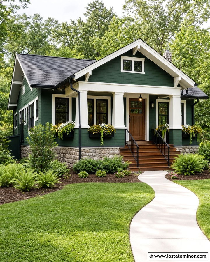 Hunter Green Bungalow With Black Window Boxes - 30 Hunter Green House Design With Window Boxes Ideas