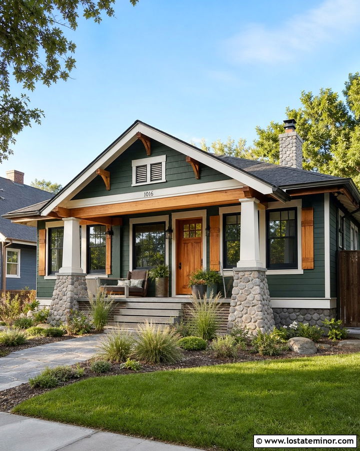 Hunter Green Bungalow With Black Window Frames And Cedar Shutters - 30 Hunter Green House Design With Window Frames Ideas