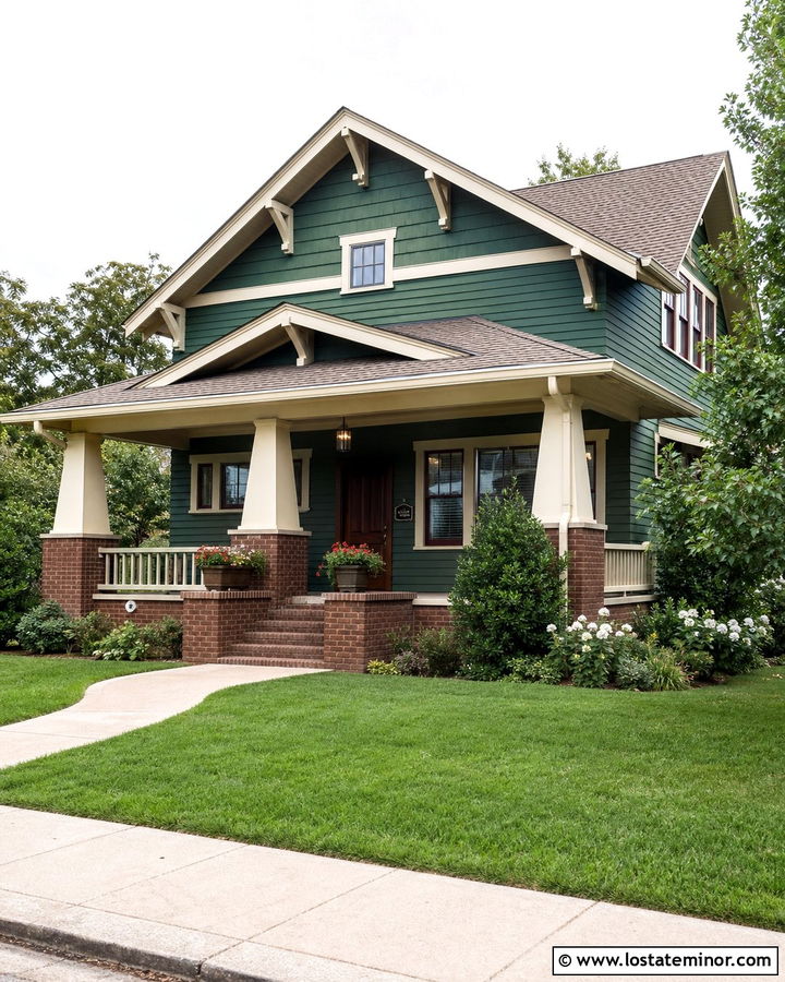 Hunter Green Bungalow With Brick Column Bases - 30 Hunter Green House Design With Porch Columns Ideas