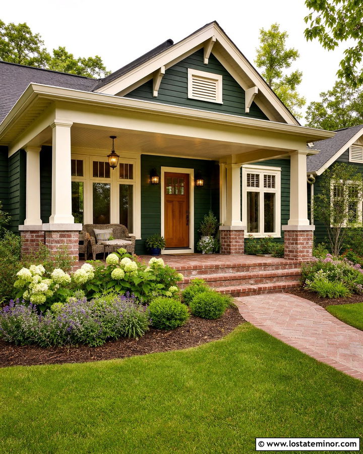 Hunter Green Bungalow With Brick Porch - 30 Hunter Green House Design With Brick Accents Ideas