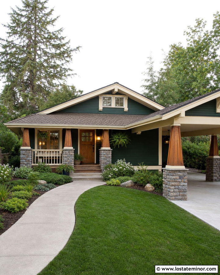 Hunter Green Bungalow With Carport And Porch - 30 Hunter Green House Design With Carport Ideas