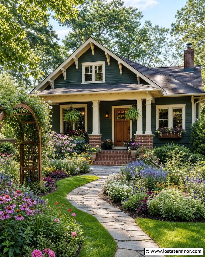 Hunter Green Bungalow With Cottage Garden Landscaping - 30 Hunter Green House Design With Landscaping Ideas