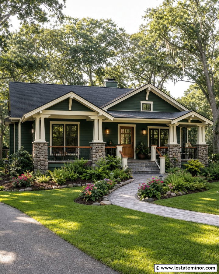 Hunter Green Bungalow With Craftsman Railings - 30 Hunter Green House Design With Railings Ideas