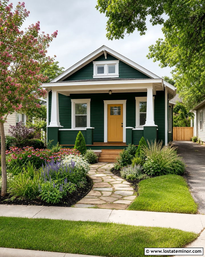 Hunter Green Bungalow With Curved Garden Beds - 30 Hunter Green House Design With Front Yard Ideas