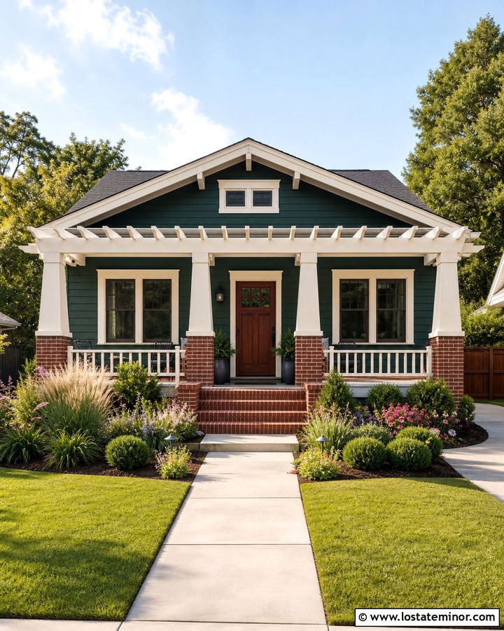 Hunter Green Bungalow With Front Pergola - 30 Hunter Green House Design With Pergola Ideas