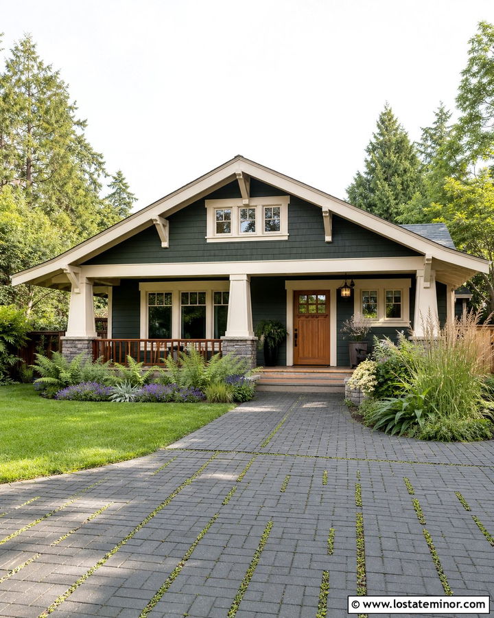 Hunter Green Bungalow With Permeable Paver Driveway - 30 Hunter Green House Design With Driveway Ideas