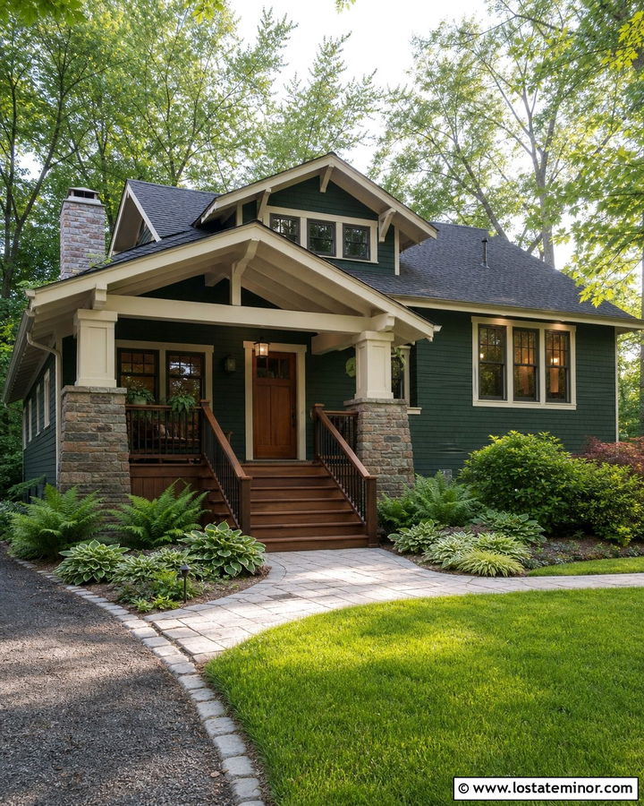 Hunter Green Bungalow With Porch Stairs - 30 Hunter Green House Design With Steps Ideas