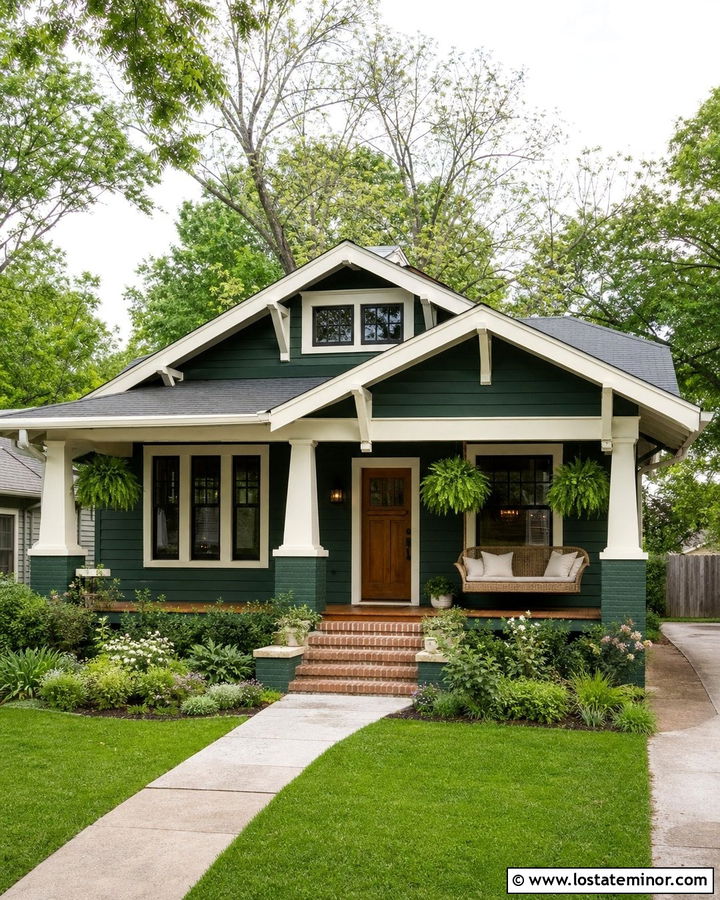 Hunter Green Bungalow With Rattan Swing - 30 Hunter Green House Design With Swing Ideas