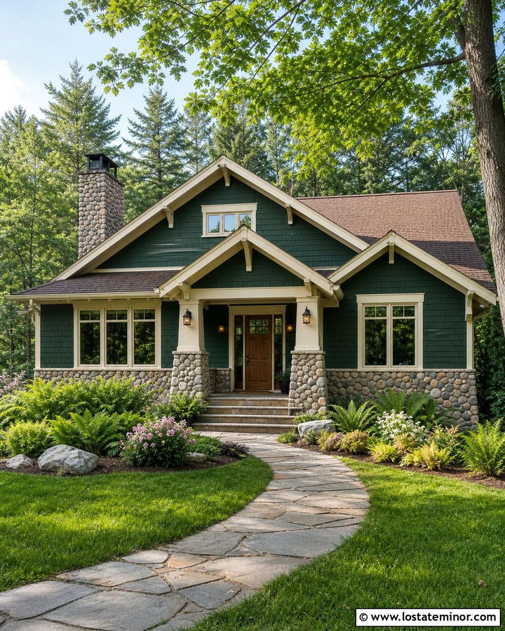 Hunter Green Bungalow With River Rock Wainscoting - 30 Hunter Green House Design With Wainscoting Ideas