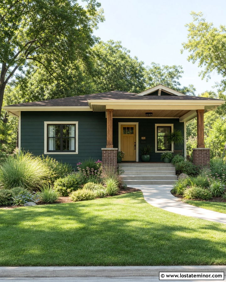 Hunter Green Bungalow With Shed Roof Portico - 30 Hunter Green House Design With Portico Ideas