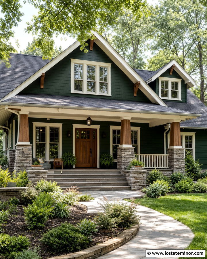 Hunter Green Bungalow With Stacked Stone Columns - 30 Hunter Green House Design With Stone Accents Ideas