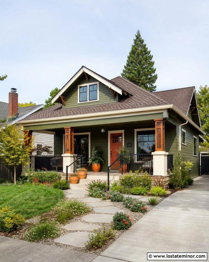 Hunter Green Bungalow With Stepping Stone Walkway - 30 Hunter Green House Design With Walkway Ideas