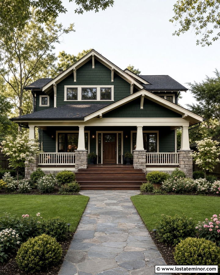 Hunter Green Bungalow With Tapered Porch Columns - 30 Hunter Green House Design With Front Porch Ideas
