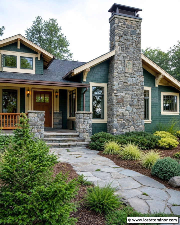 Hunter Green Bungalow With Tapered Stone Chimney - 30 Hunter Green House Design With Chimney Ideas