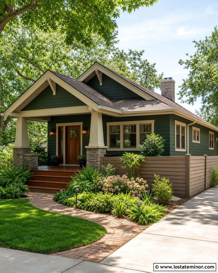Hunter Green Bungalow With Taupe Shadowbox Fence - 30 Hunter Green House Design With Fence Ideas