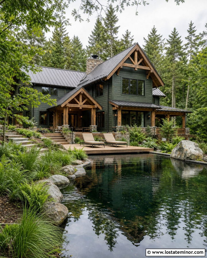 Hunter Green Cabin House With Natural Pool - 30 Hunter Green House Design With Swimming Pool Ideas