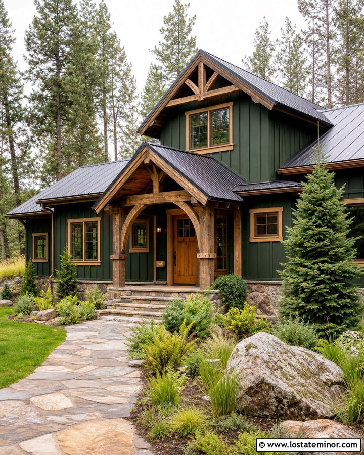 Hunter Green Cabin House With Rustic Portico - 30 Hunter Green House Design With Portico Ideas