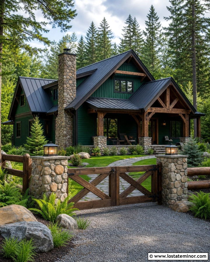 Hunter Green Cabin With Fieldstone And Wood Fence - 30 Hunter Green House Design With Fence Ideas