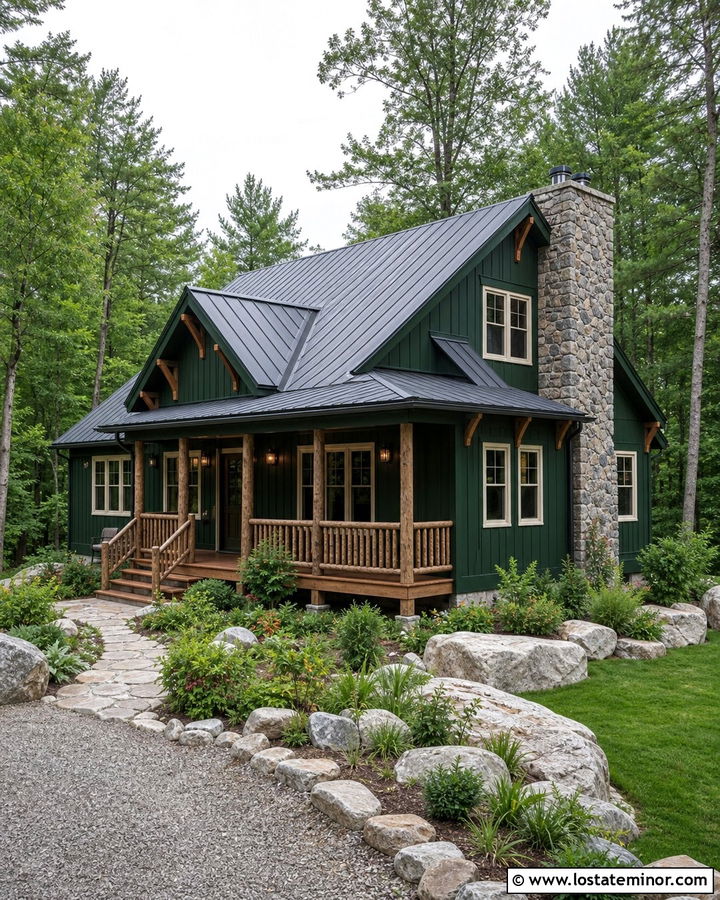 Hunter Green Cabin With Log Railings - 30 Hunter Green House Design With Railings Ideas
