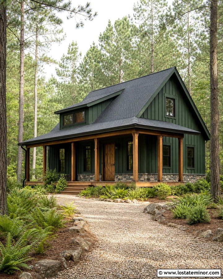 Hunter Green Cabin With Natural Gravel Driveway - 30 Hunter Green House Design With Driveway Ideas