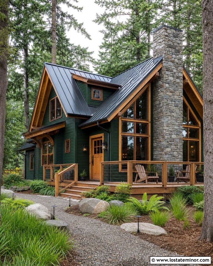 Hunter Green Cabin With Natural Wood Window Frames - 30 Hunter Green House Design With Window Frames Ideas