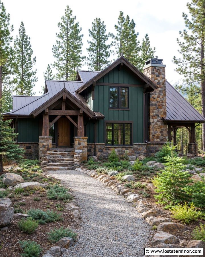 Hunter Green Cabin With Rustic Brown Stone - 30 Hunter Green House Design With Stone Accents Ideas