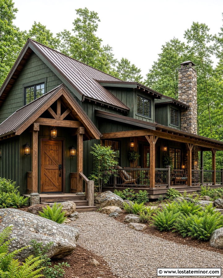 Hunter Green Cabin With Rustic Iron Lanterns - 30 Hunter Green House Design With Light Fixtures Ideas