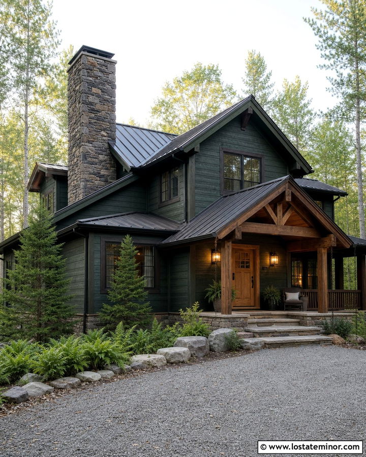 Hunter Green Cabin With Rustic Stone Chimney - 30 Hunter Green House Design With Chimney Ideas