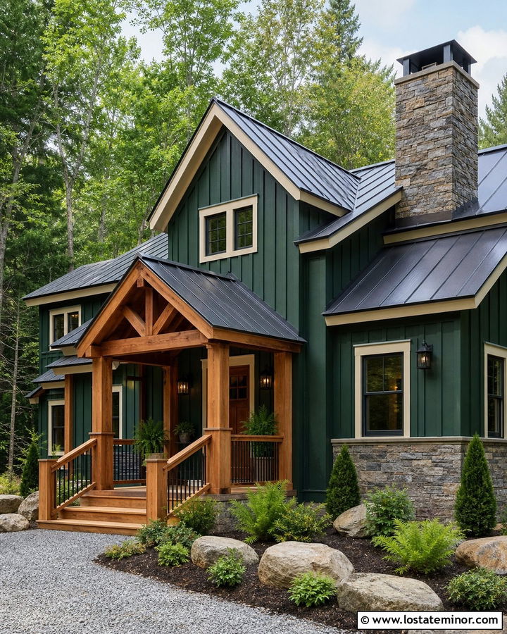 Hunter Green Cabin With Rustic Wood Awning - 30 Hunter Green House Design With Awning Ideas