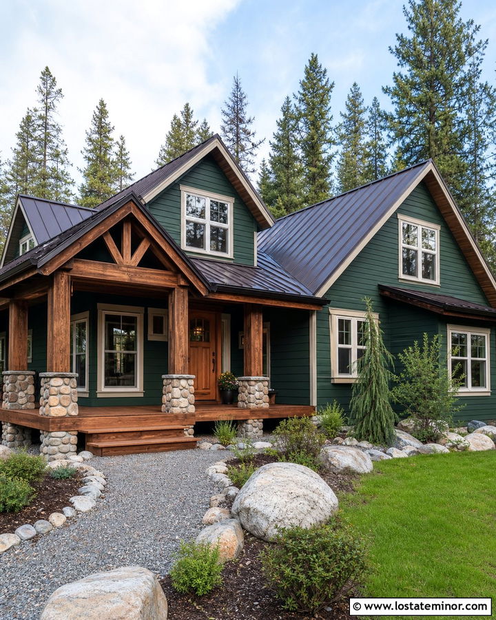 Hunter Green Cabin With Timber Front Porch - 30 Hunter Green House Design With Front Porch Ideas