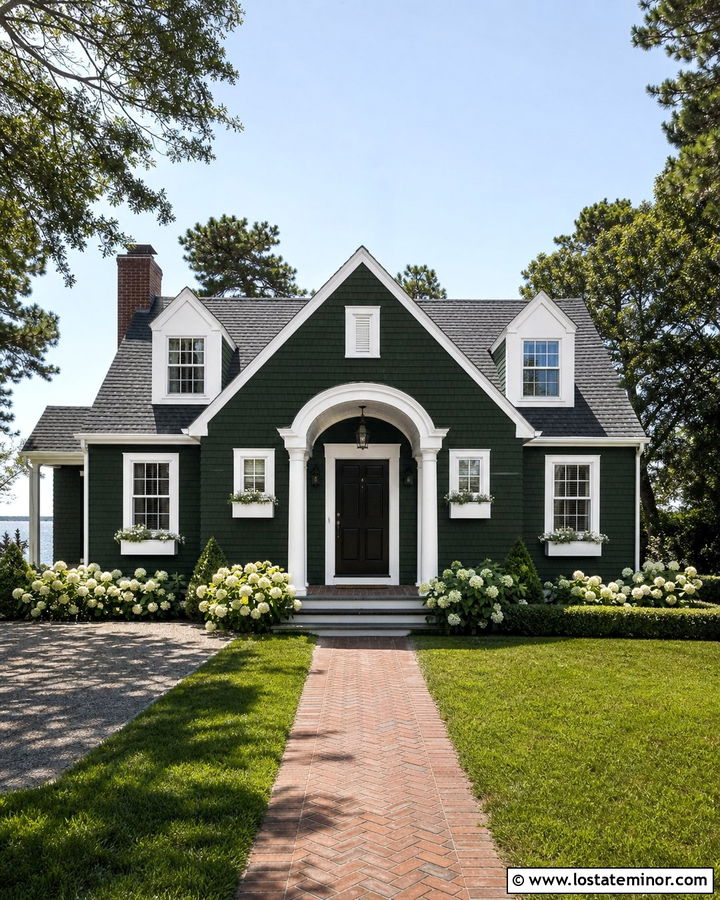 Hunter Green Cape Cod House With Arched Portico - 30 Hunter Green House Design With Portico Ideas
