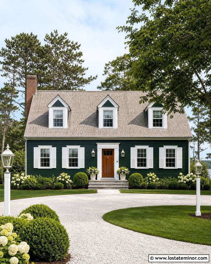 Hunter Green Cape Cod House With White Lanterns - 30 Hunter Green House Design With Lighting Ideas