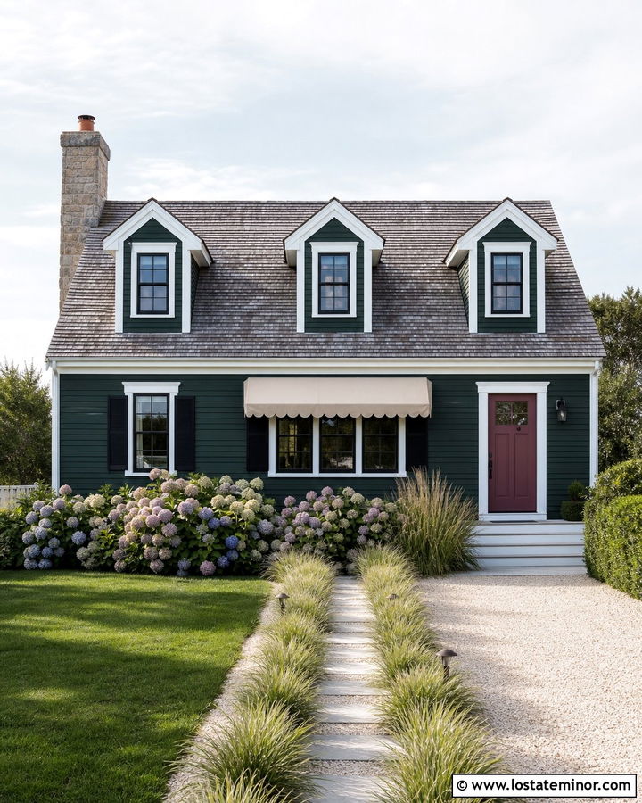 Hunter Green Cape Cod With Beige Scalloped Awning - 30 Hunter Green House Design With Awning Ideas