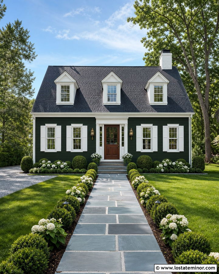 Hunter Green Cape Cod With Bluestone Walkway - 30 Hunter Green House Design With Walkway Ideas