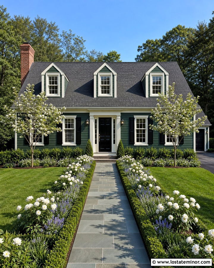 Hunter Green Cape Cod With Boxwood Border - 30 Hunter Green House Design With Front Yard Ideas