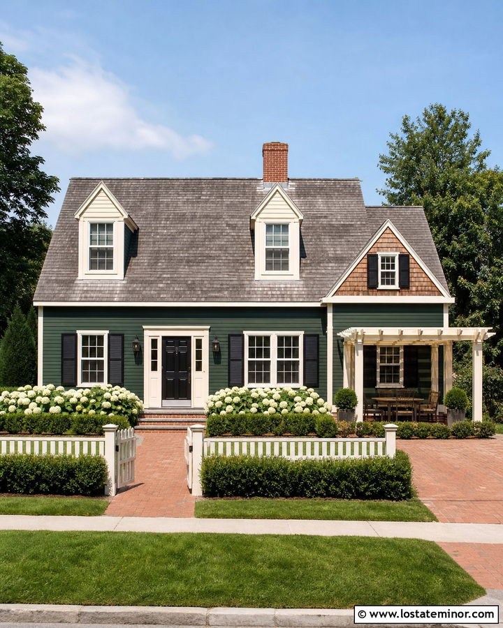Hunter Green Cape Cod With Cream Pergola - 30 Hunter Green House Design With Pergola Ideas