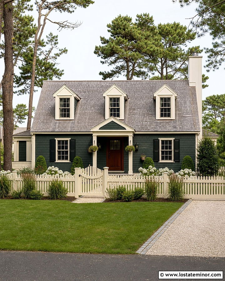 Hunter Green Cape Cod With Cream Vinyl Fence - 30 Hunter Green House Design With Fence Ideas
